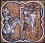 Exekution der Anhänger des Thomas de Marle, BNF, FR 2813, folio 200, Grandes Chroniques de France, Paris, 14. Jhd.